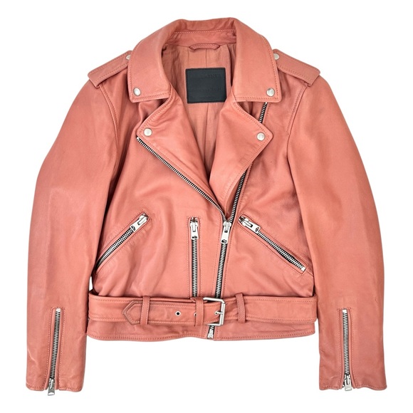 All Saints Balfern Biker Jacket - Coral Pink Red Lamb Leather Belted Jacket sz 6 - Picture 4 of 16